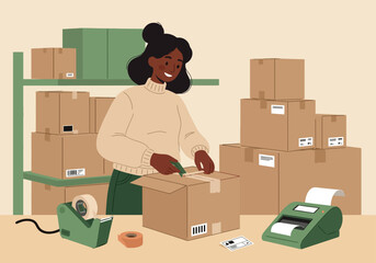 Fototapeta premium Happy Black Woman Packaging E-commerce Customer Orders for Shipping. Small Business Owner Fulfilling Delivery Logistics in Inventory Warehouse Vector Illustration.