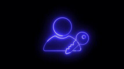 Person with key icon, animated in neon style, Neon silhouette of person holding key access security solution unlocks door, glowing figure design animation unlock concept, black background. 