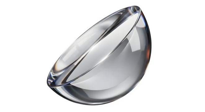 Shiny transparent glass halfsphere or optical element with reflections isolated on transparent background