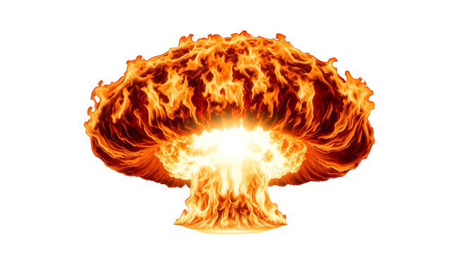Massive fiery mushroom cloud explosion with intense flames and smoke, isolated on transparent background