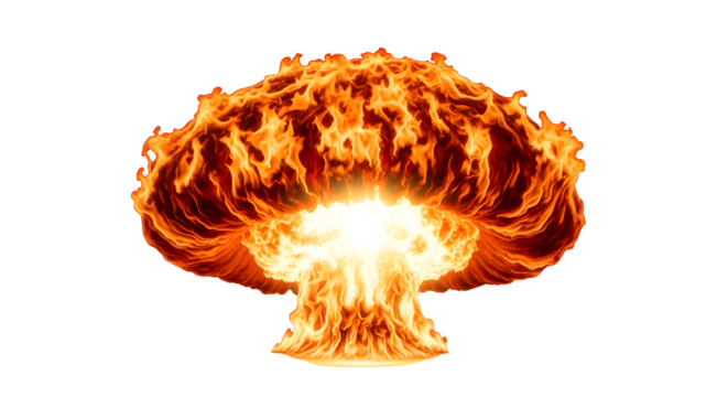 Massive fiery mushroom cloud explosion with intense flames and smoke, isolated on transparent background