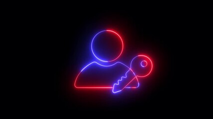 Person with key icon, animated in neon style, Neon silhouette of person holding key access security solution unlocks door, glowing figure design animation unlock concept, black background. 