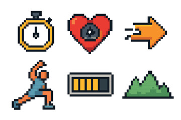 Fitness Pixel Icons. Run Training pixel style icon set: interval timer, heart rate dial, sprint arrow, stretching pose, energy bar, elevation graph
