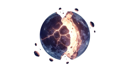 Cosmic sphere fracturing to expose a vibrant, incandescent interior, isolated on transparent background