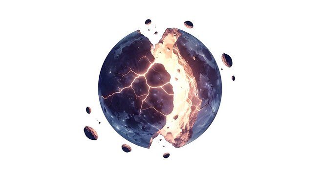 Cosmic sphere fracturing to expose a vibrant, incandescent interior, isolated on transparent background