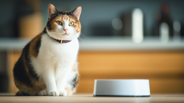 Calico cat sits on a kitchen counter. A silver rectangular device sits on the counter in the foreground.