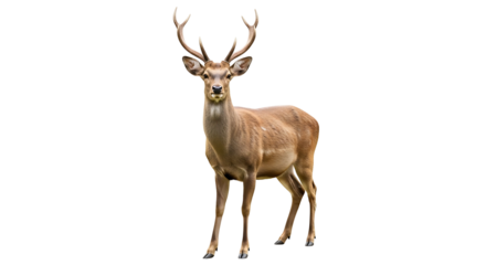 Majestic red deer stag with large antlers standing proud on a white background.