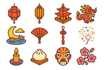 Vibrant Lantern Festival Icons. Traditional Lantern Celebration Icons flat icons set. hanging lanterns, pagoda, dragon, moon, lotus pond, fan, tassel, fireworks, candle, dumpling