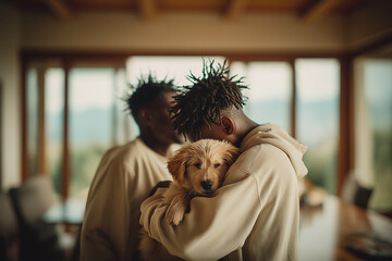 Two men hold a golden retriever puppy in a sunlit living room. A warm, intimate moment with a pet at home.