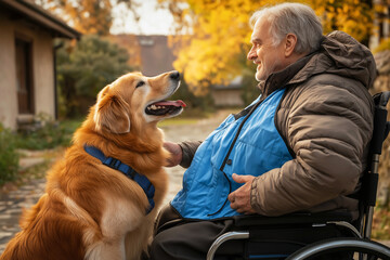 elderly man in a wheelchair pets the service dog, a golden retriever, in a park. They share a warm moment as leaves glow in autumn sunlight