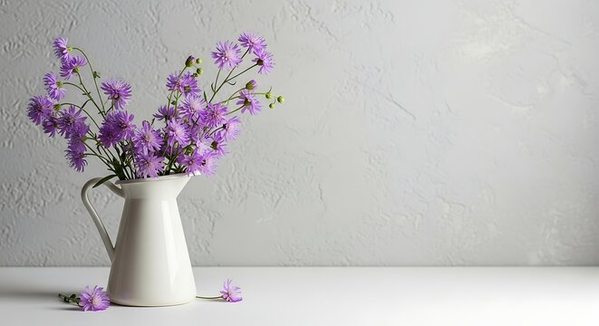 White pitcher filled with purple aster flowers on a white surface bouquet