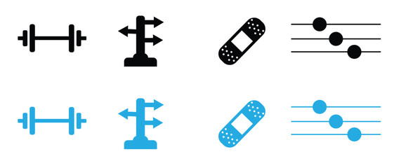 Fitness, direction, medical bandage, and control slider icons set in black and blue minimalist style.
