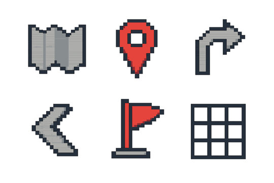 Pixel Art Navigation Icons. Navigation Direction pixel style icon set: map fold, GPS pin, route arrow, turn indicator, destination flag, orientation grid