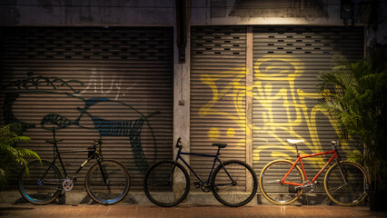 vintage bicycle, Street bicycle, On the roadside at night, Touring bike, Abandoned Bicycles Leaning...