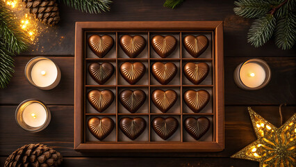 Festive heart shaped chocolates in a wooden box surrounded by christmas decorations and glowing candles