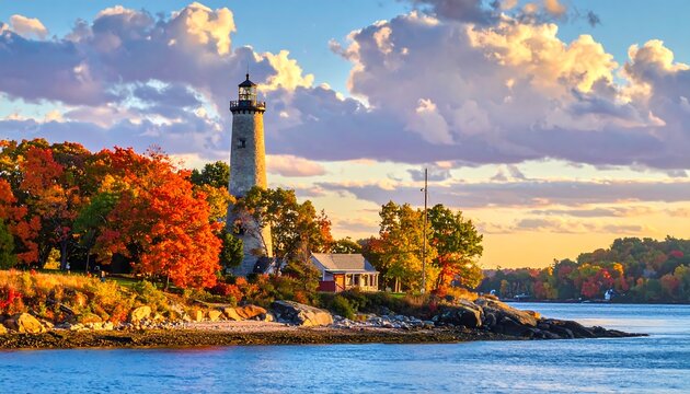 A coastal scene showcases a lighthouse atop rocky terrain, surrounded by autumn foliage and serene waters, beneath a dramatic sky