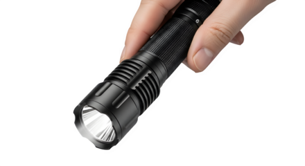 Closeup of a hand holding a modern black led flashlight with its light beam on, isolated on transparent background