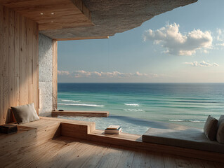 Obraz premium indoor space with a view of the ocean. The room features wooden walls and furniture, including a cushioned bench with pillows and a book, and a stone wall to the right