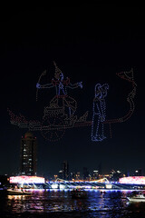 Bangkok,Thailand - November 22, 2025 : Vijit Chao Phraya 2025, AI Drone Show Festival in Thailand, Mobile Drones, Riverfront light show.