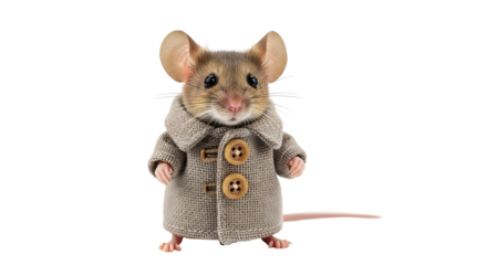 Mouse in a coat standing looking at the camera isolated on white background.