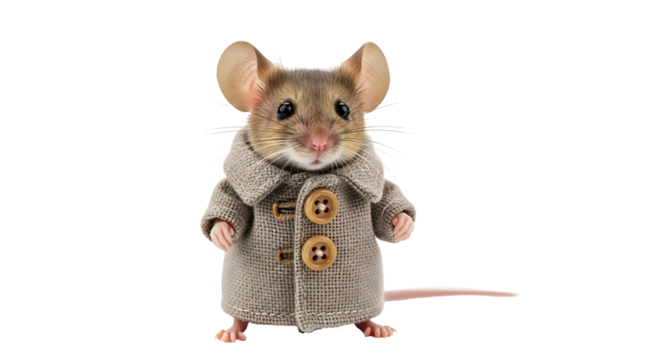 Mouse in a coat standing looking at the camera isolated on white background.