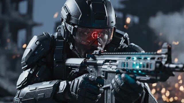 Futuristic Soldier Aiming Weapon - A close-up shot features a soldier in a futuristic battle suit aiming a weapon with a holographic targeting system.