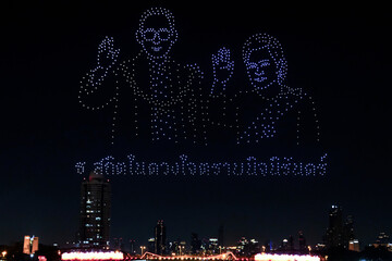 Bangkok,Thailand - November 22, 2025 : Vijit Chao Phraya 2025, AI Drone Show Festival in Thailand, Mobile Drones, Riverfront light show.