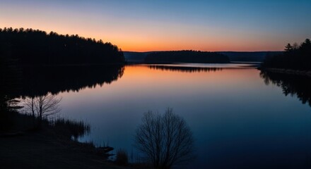 Fototapeta premium Still water surface reflects twilight colors above forested shoreline.