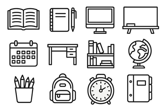 Homeschooling Icons Grid. Homeschooling Essentials linear icon set. open textbook, notebook and pen, desktop computer, chalkboard, calendar planner, study desk, bookshelf