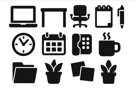 Bold Office Essentials Icons. Office day essentials silhouette icon set. laptop, desk, chair, notebook, pen, clock, calendar, phone, coffee mug, folder, plant, sticky notes