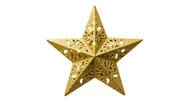 Ornate golden five pointed star decoration isolated on white.