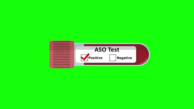 ASO test tube positive result animation on a green screen background for medical diagnostics, laboratory presentations and infection detection concepts