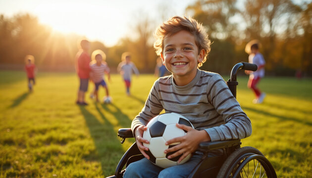 Smiling boy sits in wheelchair holds soccer ball. Other children play football game on grass in park on sunny day. Concept of disabled people inclusion and social adaptation.