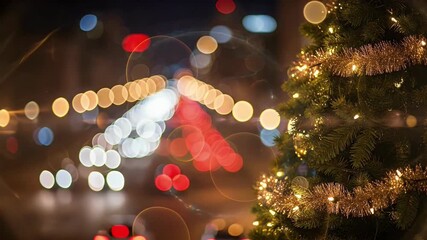 A captivating close-up view showcases a beautifully decorated evergreen tree, adorned with shimmering golden tinsel and an array of warm, glowing string lights that gently twinkle. In the soft-focus b - Powered by Adobe