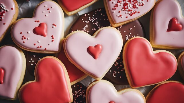 Close up of assorted heart shaped sugar cookies decorated for valentine s day