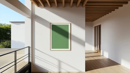Modern sunlit balcony with wooden beams white wall framed art.