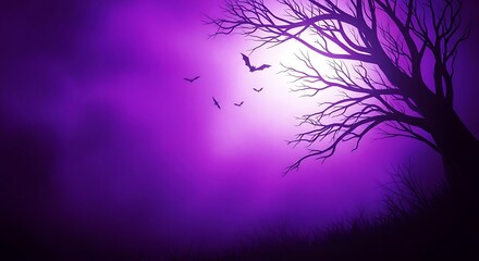 Spooky purple Halloween scene with bare tree and flying bats night moon