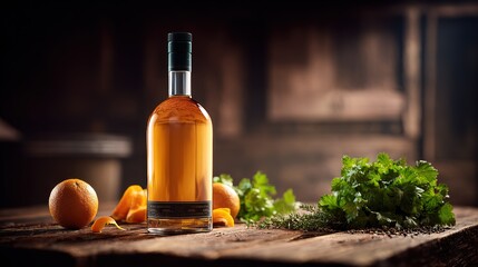 Food content and cocktail culture with bitter liqueur still life, orange peel garnish