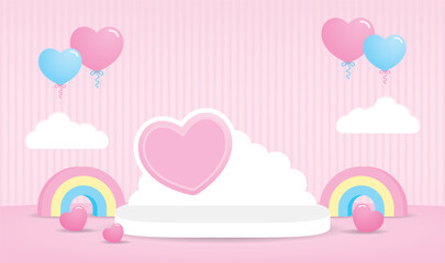 cute kawaii style sweet pastel pink valentine day theme display stage with heart shape elements 3d illustration vector for putting kid or baby product object