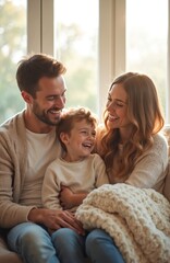 Obraz premium Cheerful family bonding on sofa. Father, mother and child smile. Parent embrace kid near window in living room. People enjoy domestic lifestyle with happy moments.
