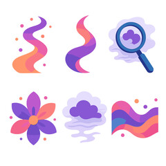 Imaginative Vector Icons. Imagination flat icon set: drifting pattern, light ribbon, exploring lens, mystery haze, creative bloom, imaginative wave