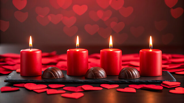 Four lit red candles and chocolates on a dark surface surrounded by red heart confetti