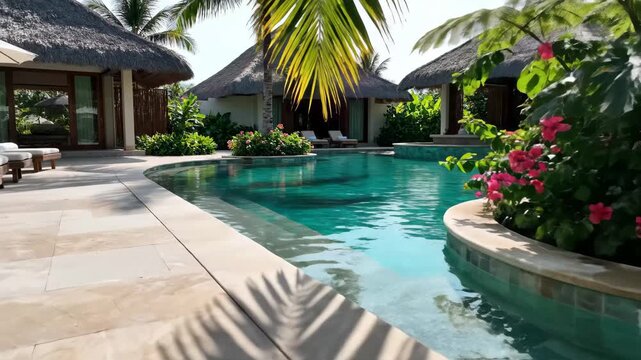 Luxurious Tropical Resort Pool and Villas - A serene tropical scene featuring a turquoise swimming pool surrounded by lush greenery, vibrant pink flowers, and elegant villas with thatched roofs.