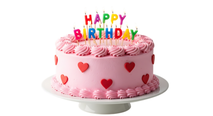 Delicious pink birthday cake with lit candles and heart decorations isolated on transparent background
