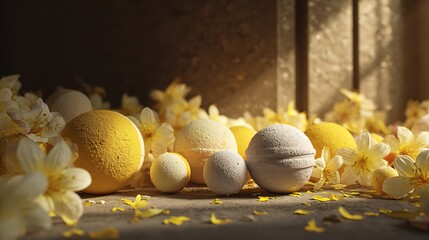 A row of yellow and white bath bombs arranged on a surface