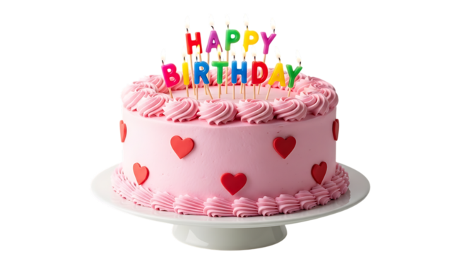 Delicious pink birthday cake with lit candles and heart decorations isolated on transparent background