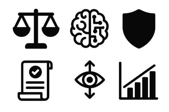 AI Ethics Icon Set. AI Ethics silhouette icon set: balanced scale, AI brain, ethical code document, shield icon, transparency symbol, fairness graph