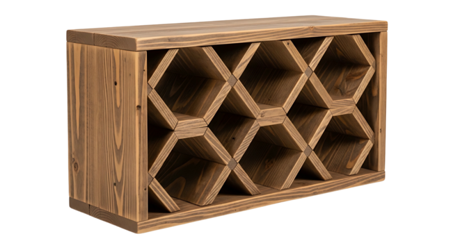 Rustic Wooden Wine Rack with DiamondShaped Bottle Holders.