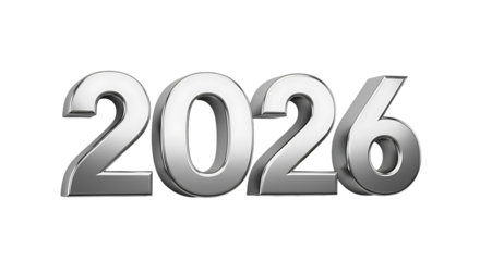 Silver 3D Numbers 2026 Isolated on White Background.