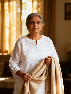 Portrait of an elegant elderly Indian woman at home. Senior south Asian lady in traditional clothing looking at the camera. Graceful aging and retirement lifestyle